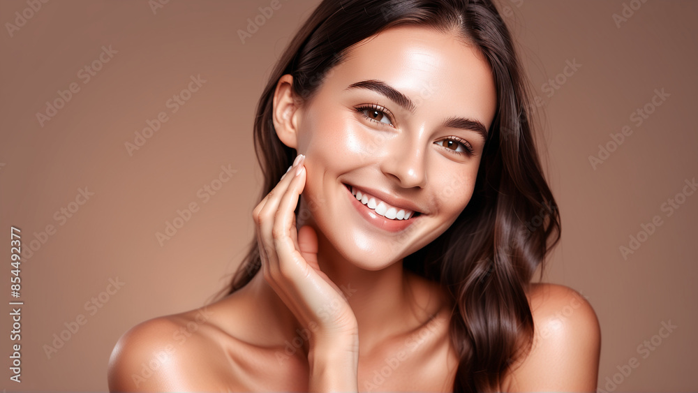 Woman smiling while touching her flawless glowy skin with copy space for your advertisement, skincare
Woman smiling while touching her flawless glowy skin with copy space for your advertisement, skincare