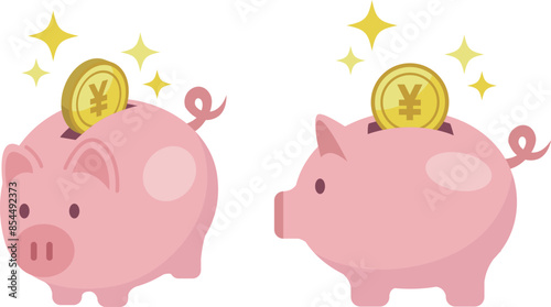 かわいい豚の貯金箱と入る日本円コインのイラスト