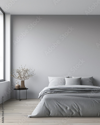 Minimalist master bedroom in light grey tones with minimal furniture, a bed next to a window and ample copy space. Bedroom interiors composition in neutral color. photo