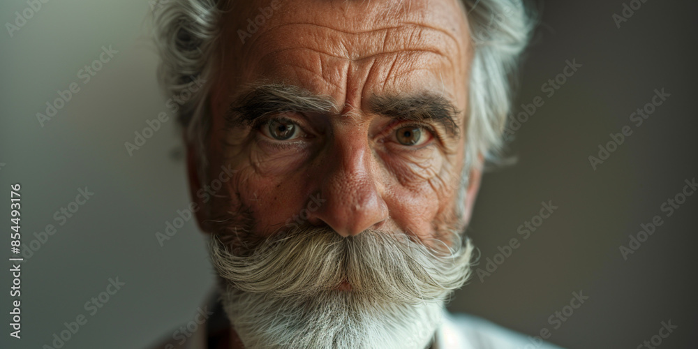Portrait of an elderly senior man with a long, hipter moustage white beard and blue eyes. Wisdom, experience, barber advert concept Portrait of an elderly senior man with a long, hipter moustage white beard and blue eyes. Wisdom, experience, barber advert concept