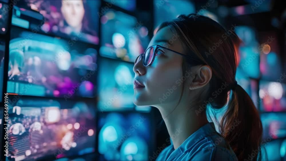 Immersed in a digital world: Woman surrounded by screens displaying diverse multimedia. Concept Digital Transformation, Interactive Technology, Virtual Reality, Modern Lifestyle, Cyber Immersion Immersed in a digital world: Woman surrounded by screens displaying diverse multimedia. Concept Digital Transformation, Interactive Technology, Virtual Reality, Modern Lifestyle, Cyber Immersion