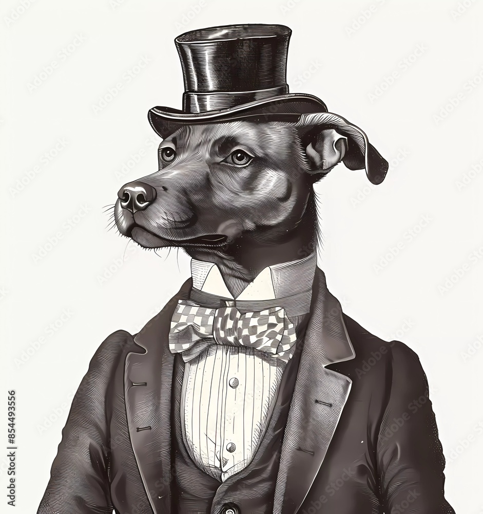 dog in suit and bow tie with top hat clipart engraving vintage line art ...