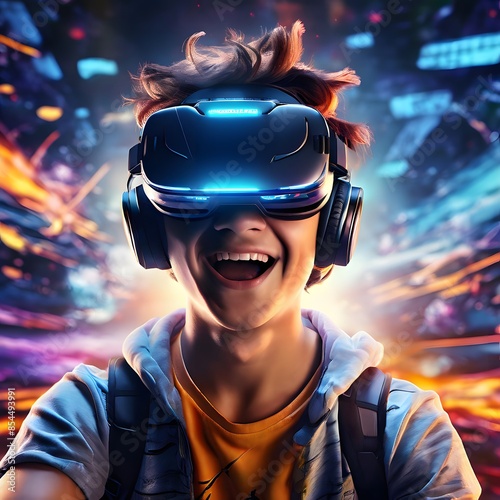 Teenagers Having Fun Playing VR Virtual Reality Glasses Sport Game in 3D Cyberspace Metaverse Digital World with Futuristic Augmented Reality