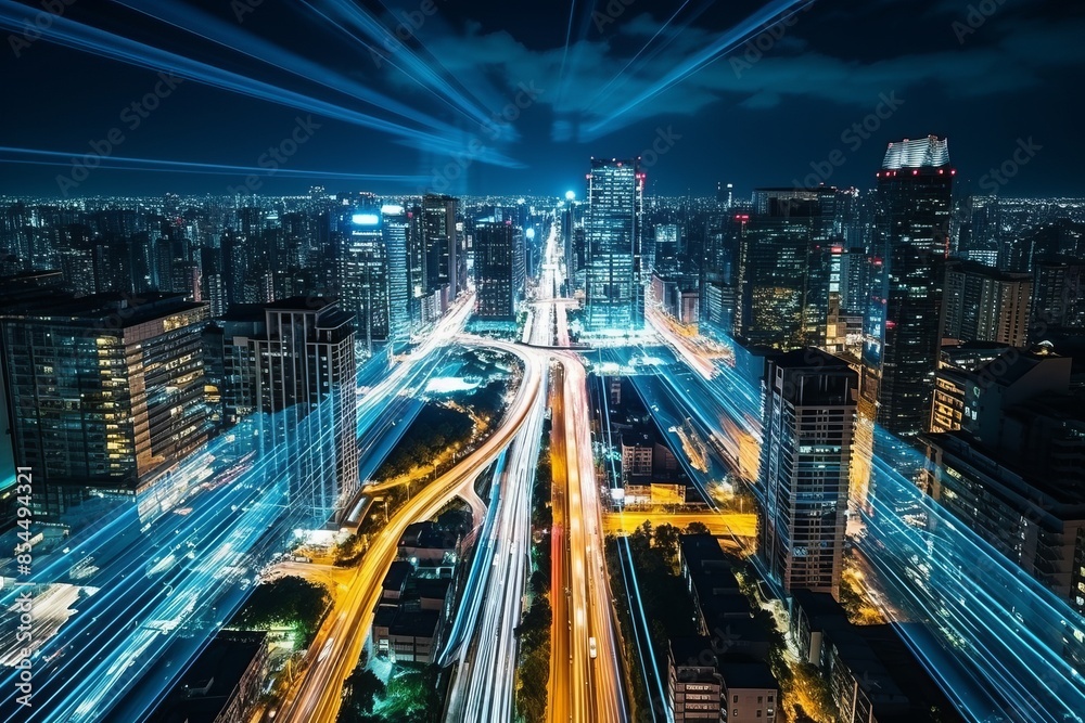 Fototapeta premium Aerial top view of car driving in vibrant and bustling urban megalopolis at night