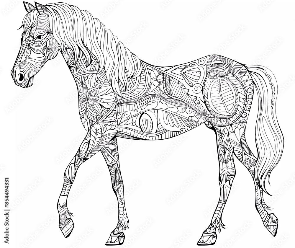 coloring page for adults, horse in full side view with mandala pattern