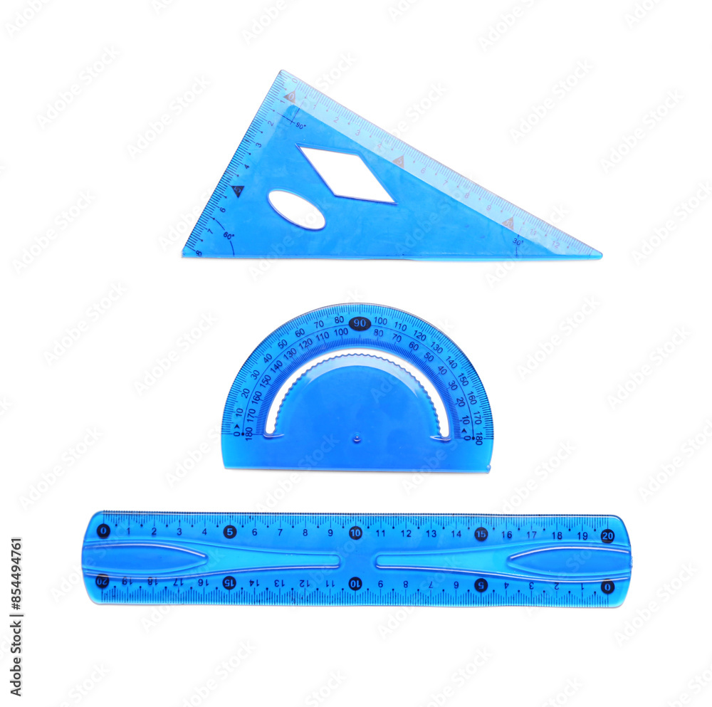 Blue straight and triangle plastic rulers with protractor on white ...