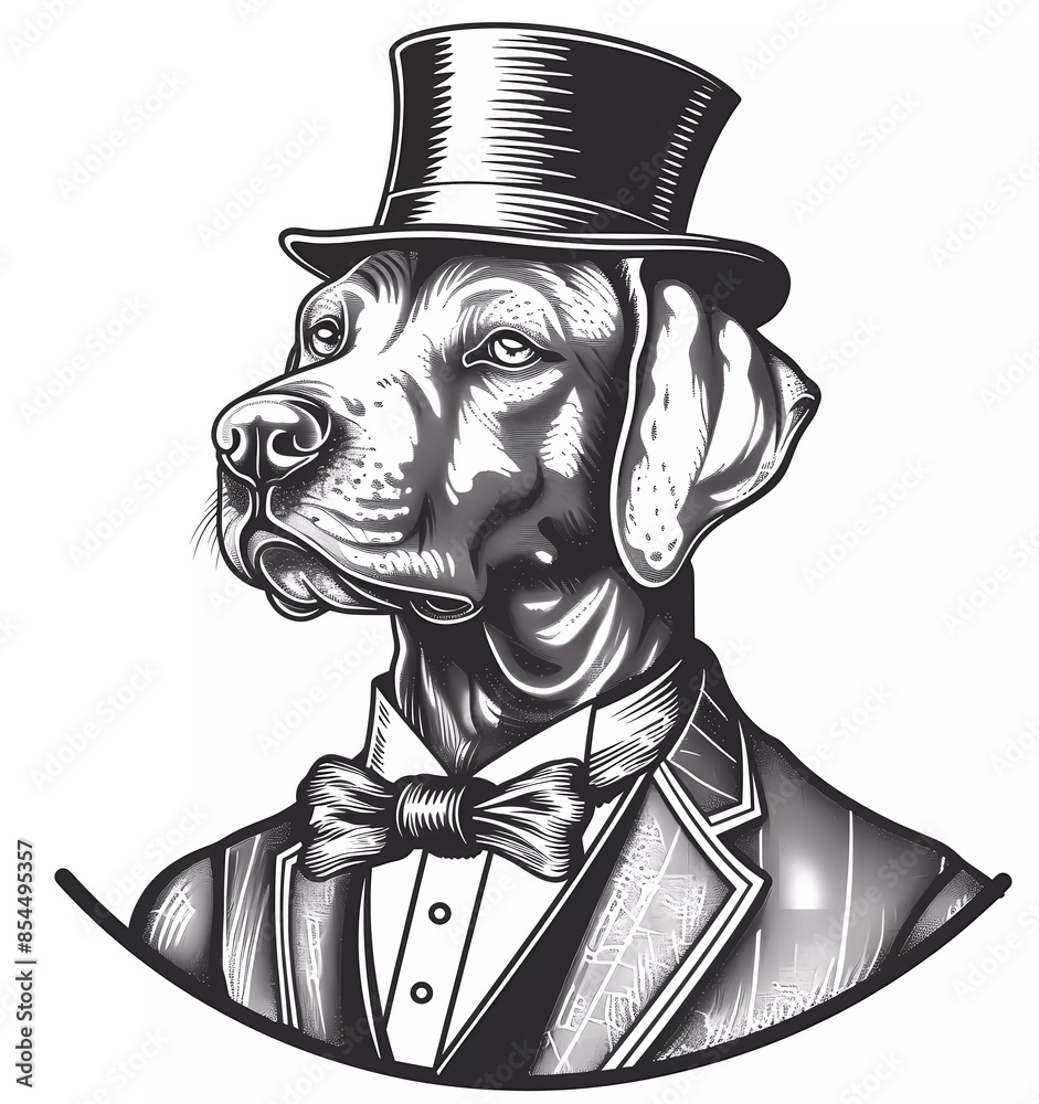 dog in suit and bow tie with top hat clipart engraving vintage line art ...
