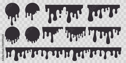 Dripping Paint molten splash, liquid flow abstract shape stain isolated on transparent background. Fluid trickle, border or stencil.