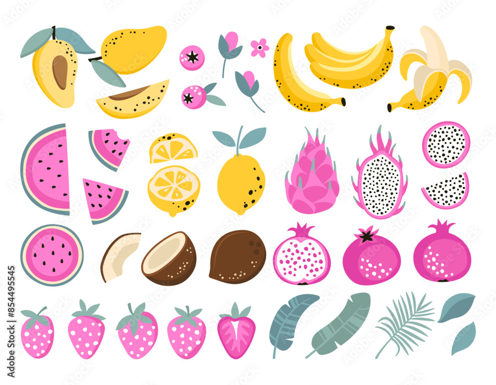 Fototapeta premium Set of various tropical fruits and berries isolated on a white background. Vector illustration