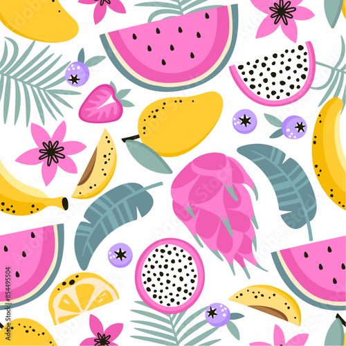 Seamless pattern with tropical fruits. Design for wrapping paper, textiles, cards. Vector illustration