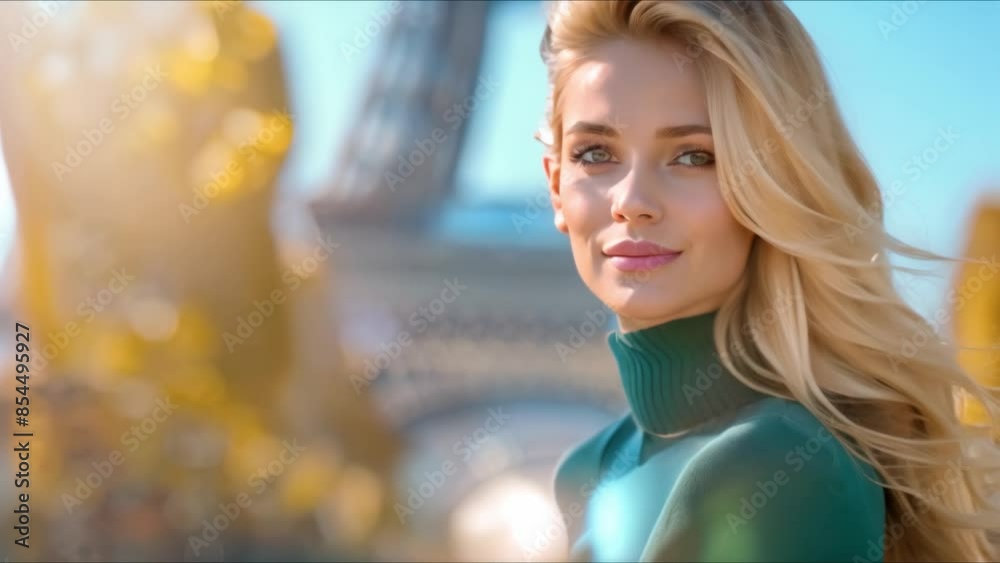 Fashionable blonde woman with long hair strikes a pose in front of the Eiffel Tower. Concept Fashion, Blonde Hair, Eiffel Tower, Paris, Style