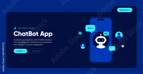 ChatBot App Banner design concept. Ai customer support service application background. Robot in mobile phone answering clients questions. Vector Illustration
