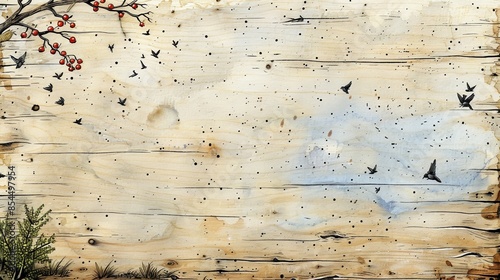 Rustic Wooden Wall with Hand-Drawn Birds and Berries.