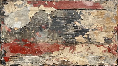 Aged Wooden Wall with Peeling Paint in Red, Black, and Beige