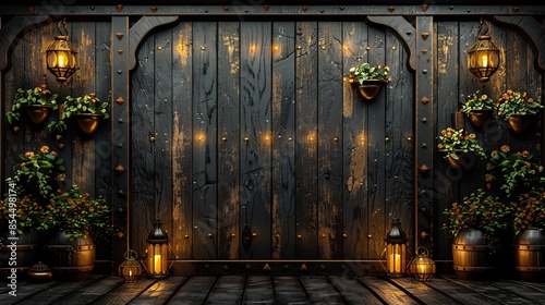 Rustic Wooden Wall with Lanterns and Potted Plants