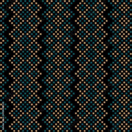 blue and yellow pixels. hand drawn squares. folk carpet. vector seamless pattern. decorative art. black repetitive background. geometric fabric swatch. wrapping paper. textile design template