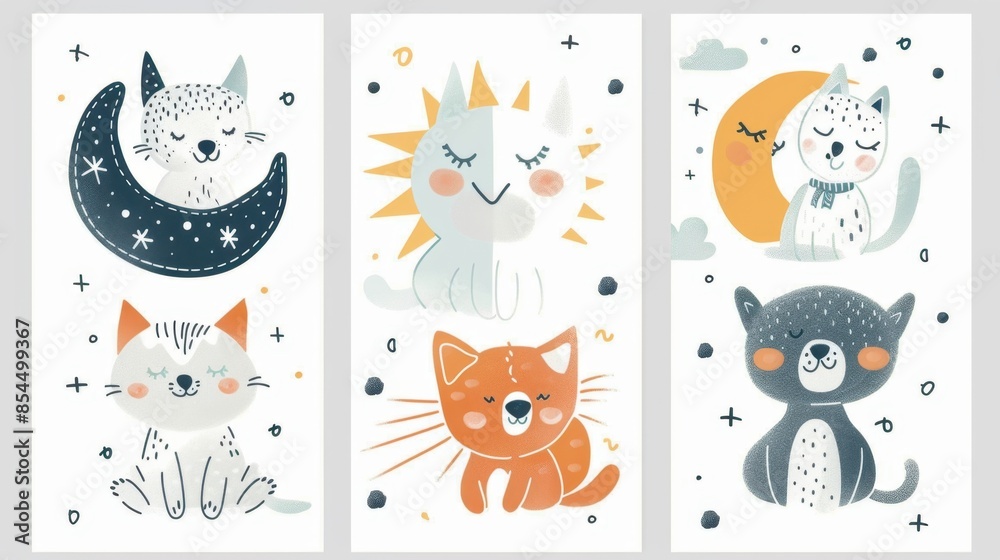 This illustration features four cute cats, two with sun and moon illustrations. This illustration features four cute cats, two with sun and moon illustrations.