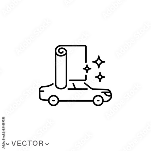 sticking film for car icon, work of armor film on car, car paint protection, thin line symbol isolated on white background, editable stroke eps 10 vector illustration