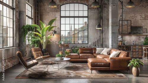 A contemporary living room with an industrial aesthetic, featuring exposed brick, large windows, and a comfortable leather sectional sofa. © AriyaniAI
