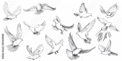 Wallpaper Mural line art vector illustration of pigeons flying in different poses, Torontodigital.ca