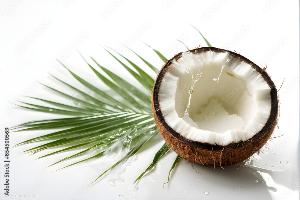 Coconut juice in half fruit with water droplets and leaf isolated on white background. Coconut juice in half fruit with water droplets and leaf isolated on white background.