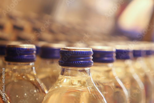 A row of bluecapped bottles is neatly arranged in an industrial factory for manufacturing purposes photo