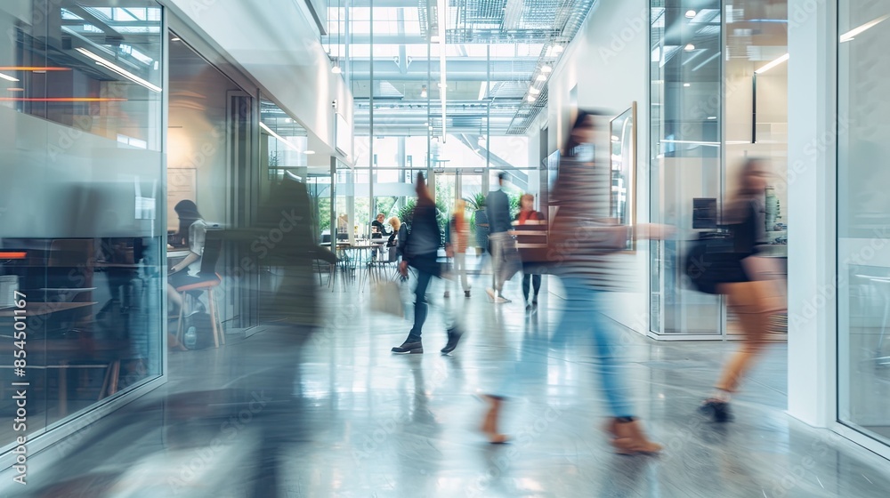 Blurred interior of a modern office with people passing by. Blurred interior of a modern office with people passing by.