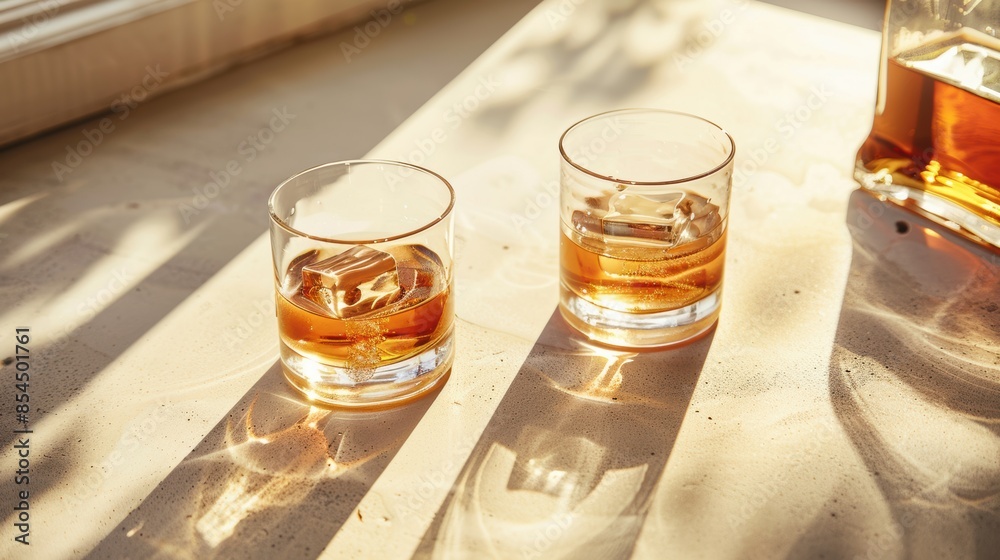 Two glasses with alcohol drink and bottle on table with aesthetic sunlight shadows on a light background Two glasses with alcohol drink and bottle on table with aesthetic sunlight shadows on a light background
