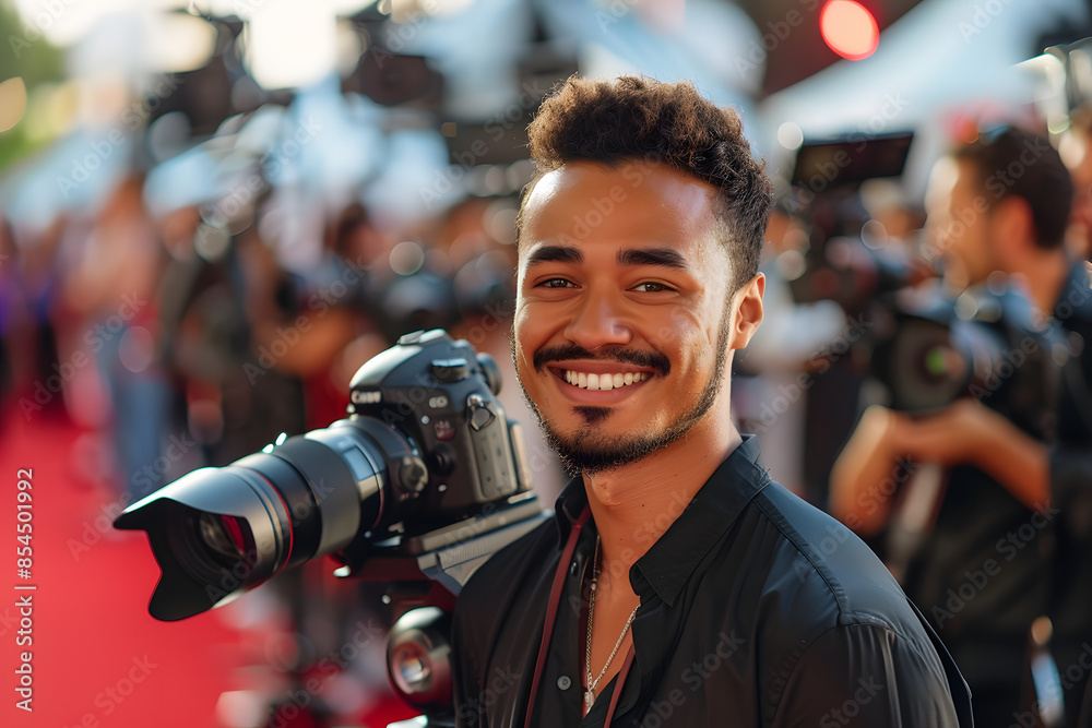 man standing on the red carpet smiling. cameras flashing. man standing on the red carpet smiling. cameras flashing.