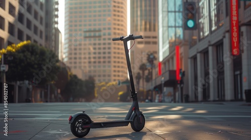 Urban Elegance: Modern Electric Scooter amidst City Skyscrapers