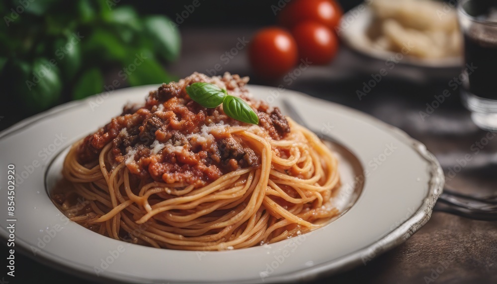 Fototapeta premium view of aesthetic Pasta Bolognese with spaghetti