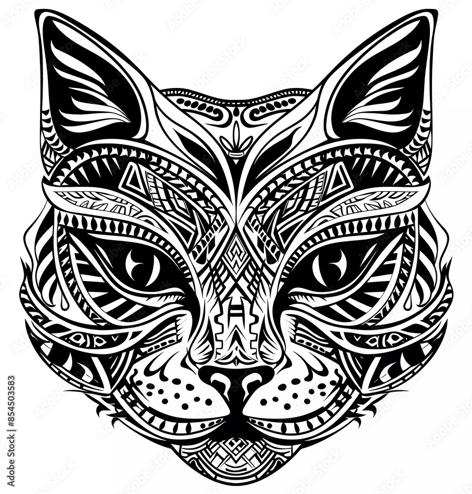 Flat vector black and white line art illustration of a highly detailed cat's face with a traditional Polynesian pattern Flat vector black and white line art illustration of a highly detailed cat's face with a traditional Polynesian pattern