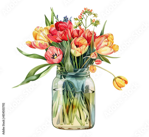 Fototapeta Naklejka Na Ścianę i Meble -  Watercolor bouquet of colorful tulips flowers in glass jar on isolated background