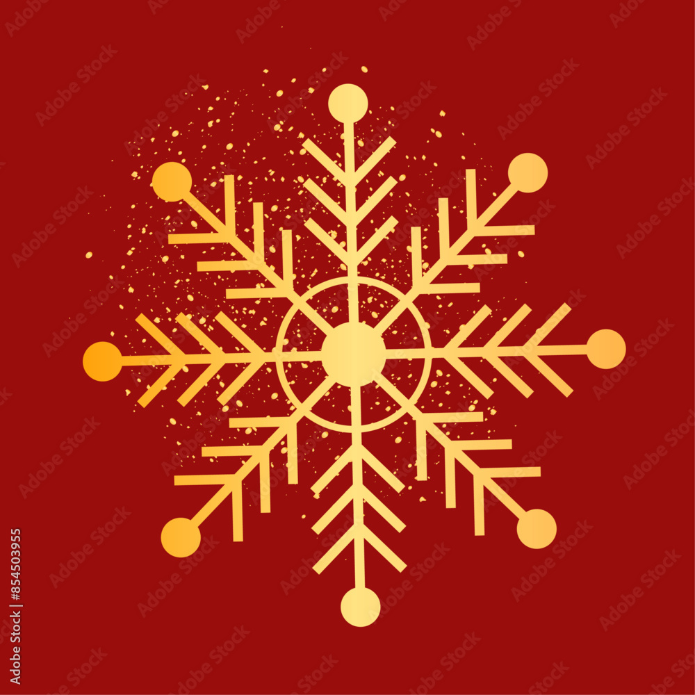 Golden snowflake with bright sparkle and sparkles on a red background