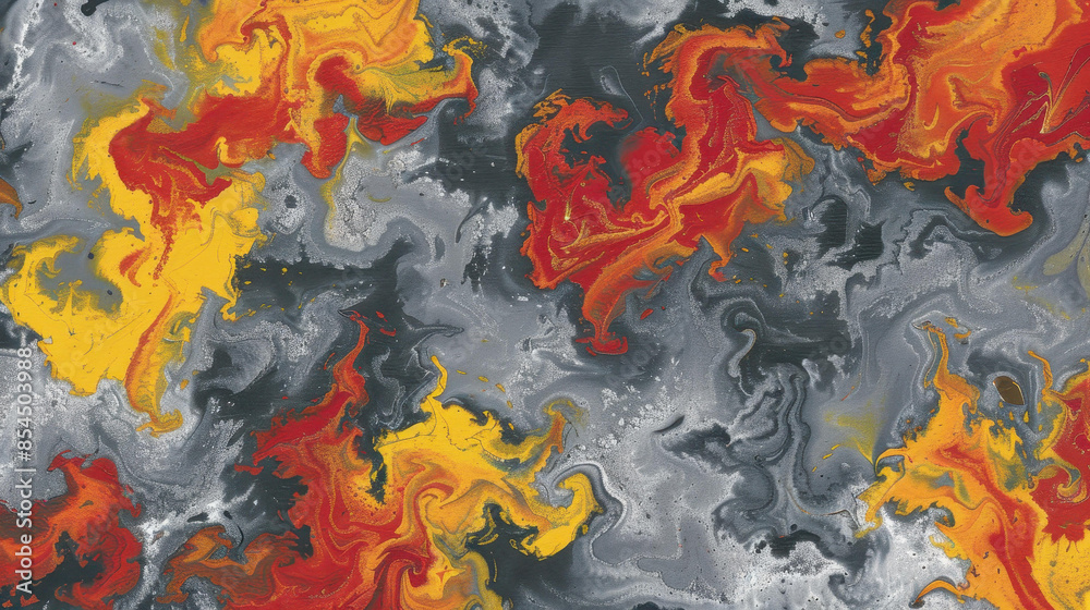 Obraz premium Unique gray marble texture with white, gold, yellow, and red waves pattern. Perfect for wallpaper or background designs.