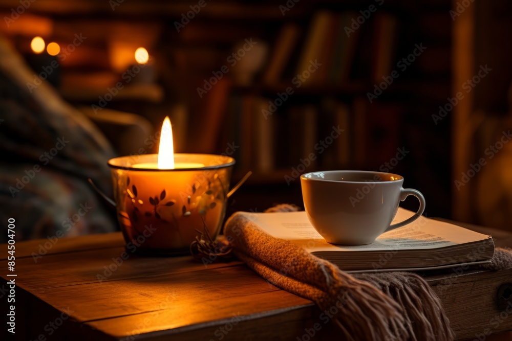 Fototapeta premium Wooden table with a candle in a glass, a book, flowers in a vase, a blanket on a blurred background of books. The concept of a hygge, cozy pastime, a favorite corner in the house.