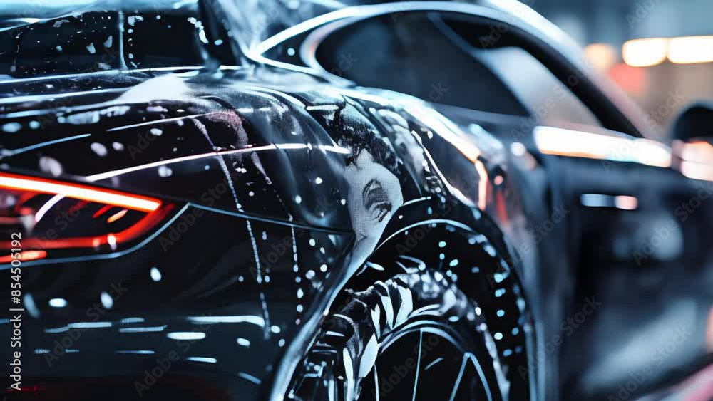 Sleek sports car during luxury wash in modern facility