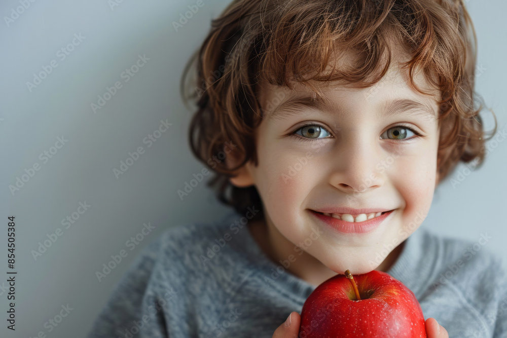Close-up of a smiling little boy holding a big red apple in his hands. Close-up of a smiling little boy holding a big red apple in his hands.