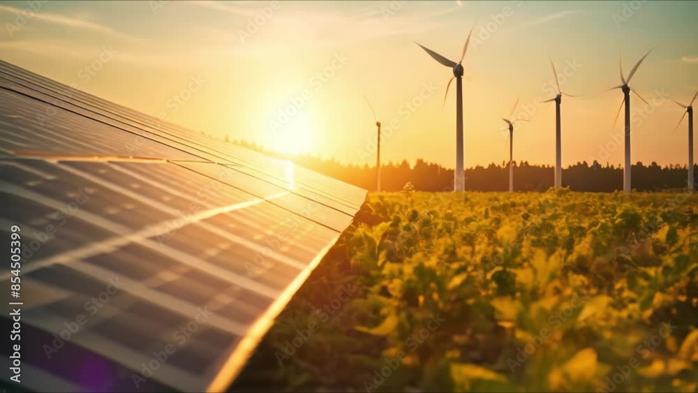 Green energy banner background featuring wind turbines and solar panels ...