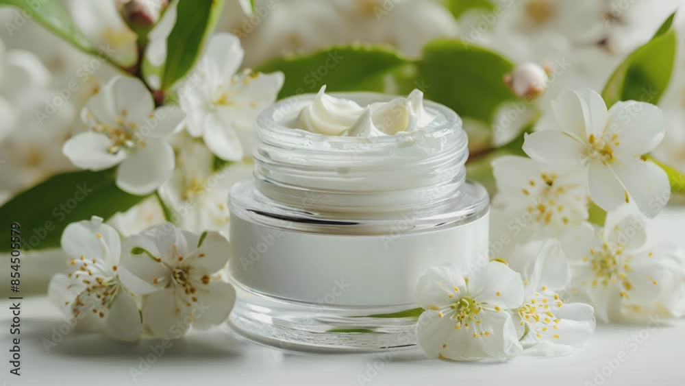 White and moisturizing face cream in an open glass bottle with white background, surrounded by flowers. Spa set. Body and body care. Skin problem solution. For example, scars, acne White and moisturizing face cream in an open glass bottle with white background, surrounded by flowers. Spa set. Body and body care. Skin problem solution. For example, scars, acne