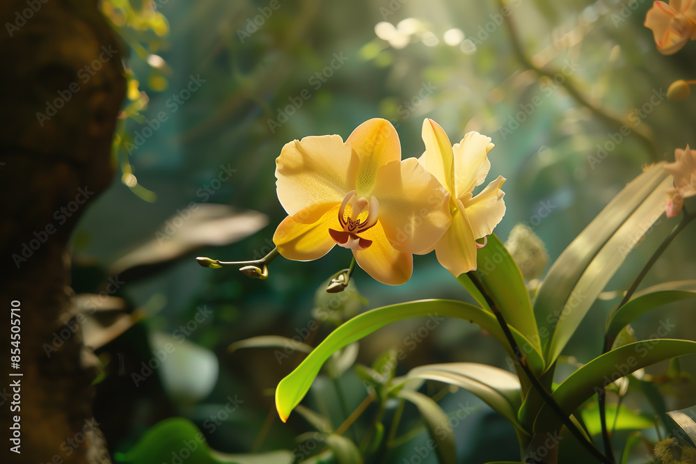 Obraz premium Exotic flora, Yellow orchid in a wild, natural setting.