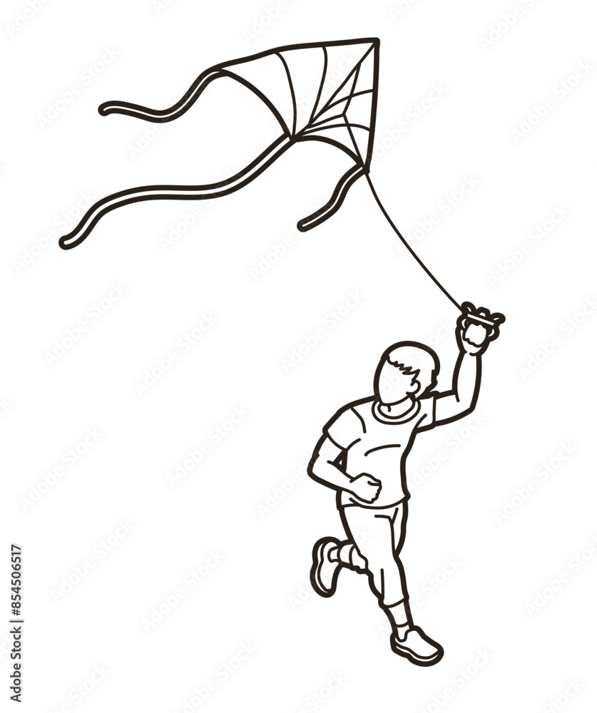Fototapeta premium A Boy Running Fly a Kite Child Playing Outline Cartoon Sport Graphic Vector