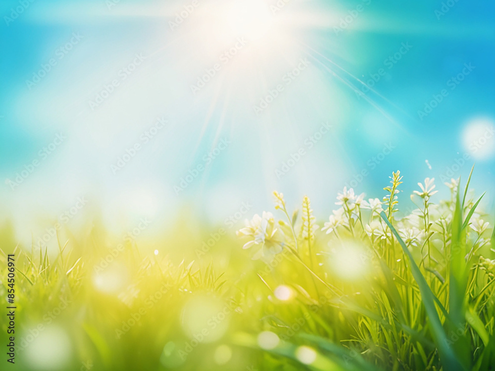 Fototapeta premium Blue spring background with light green, sunlight and blur