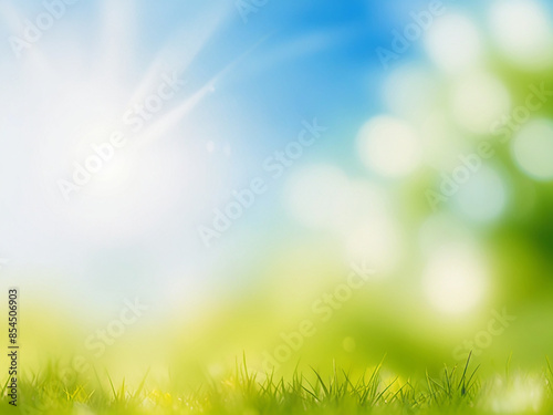 Blue spring background with light green, sunlight and blur