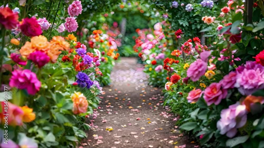 A charming garden path lined with an array of blooming flowers beckons visitors to stroll through a fragrant corridor of colors and scents. Concept Garden Path, Blooming Flowers, Fragrant Corridor A charming garden path lined with an array of blooming flowers beckons visitors to stroll through a fragrant corridor of colors and scents. Concept Garden Path, Blooming Flowers, Fragrant Corridor