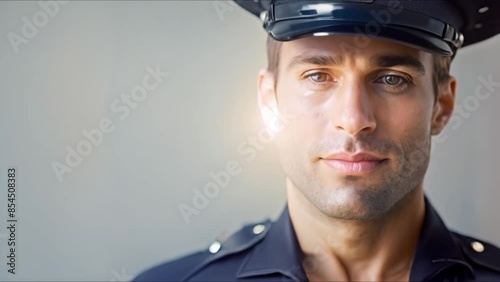 Closeup of male NYPD officer in uniform and hat standing alone on white background. Concept Police Officer, NYPD, Uniform, Portrait, White Background
