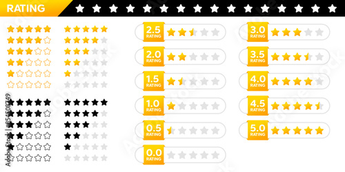 Set rating stars icon badges. Feedback customers. Rank, level of satisfaction rating. Five stars customer product rating review. 5 star rating icon. Vector illustration.