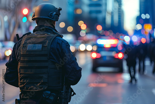 A police officer patrols a city street during a special event, ensuring safety and order