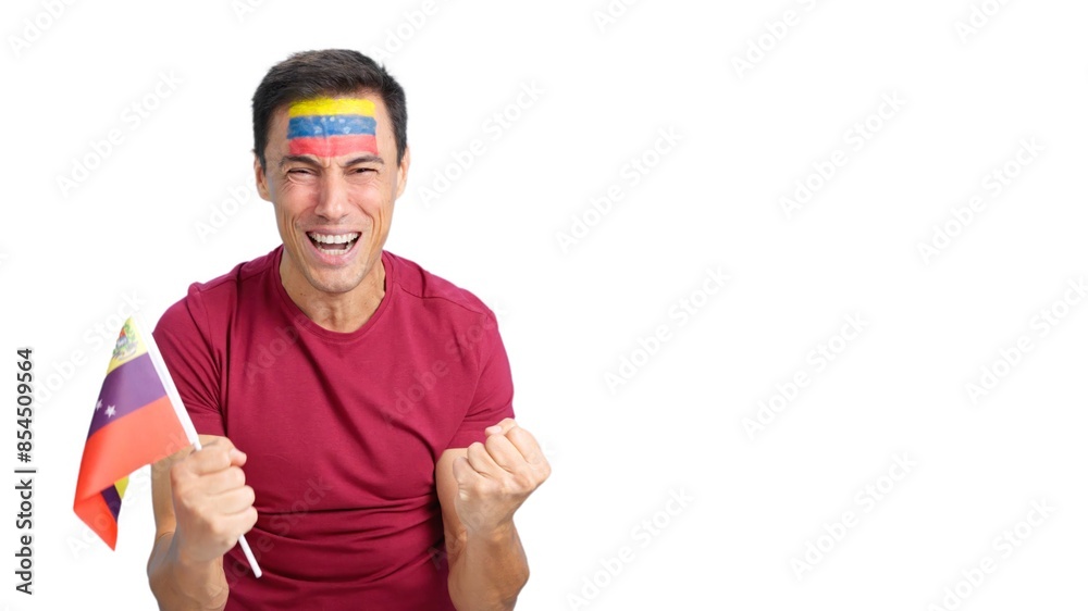 Man cheering for Venezuela screaming and waving a national flag Man cheering for Venezuela screaming and waving a national flag