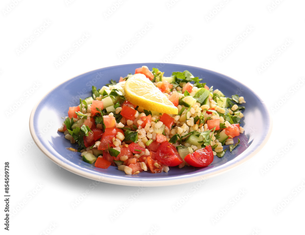 Plate with delicious tabbouleh salad and lemon slice on white background